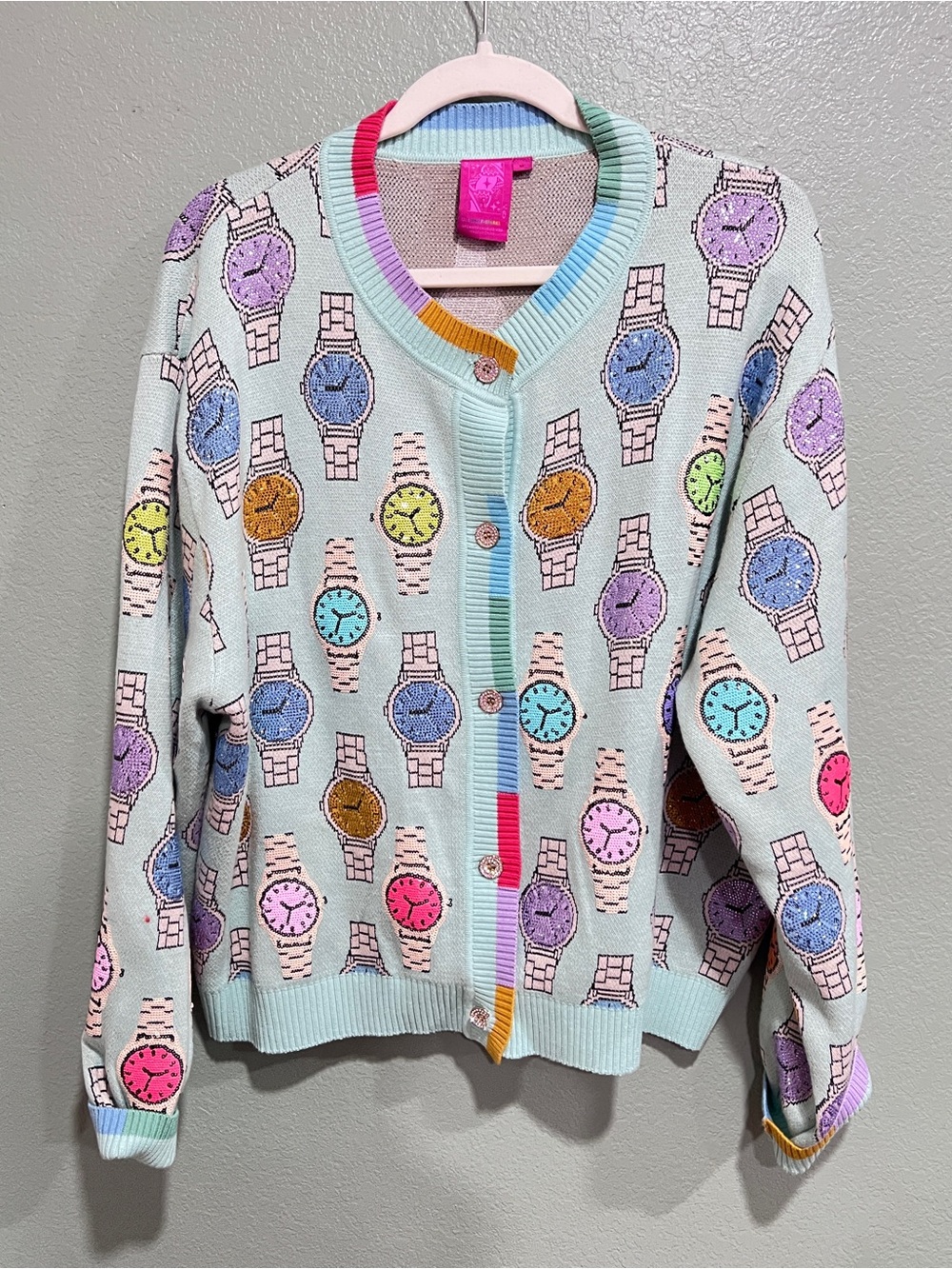 New QOS Aqua Colorblock Trim Multi Watch Cardigan